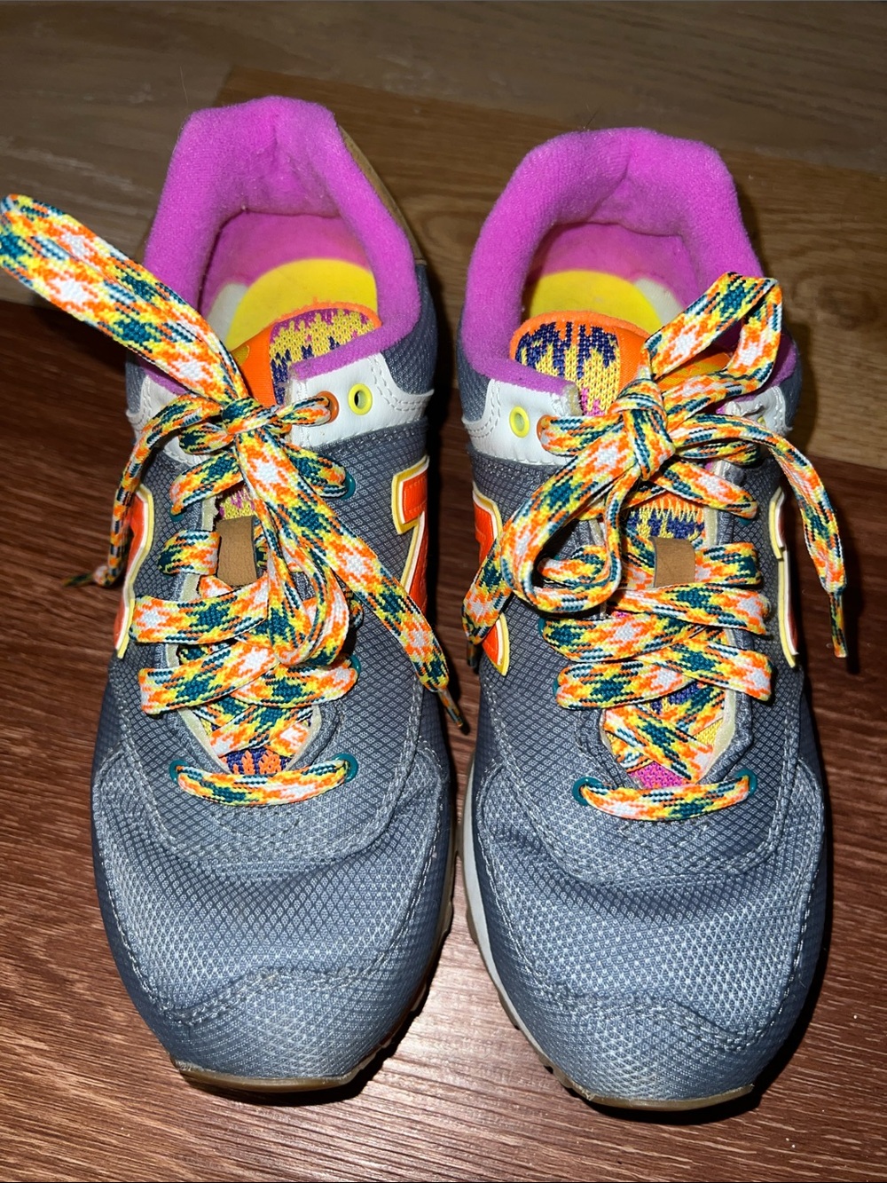 New Balance Gray Sneakers with Pink Lining and Neon Yellow Accents